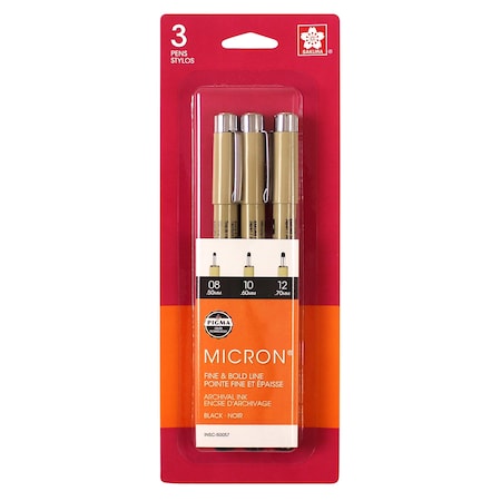 Sakura Pigma Micron Pen 3 pc set 08, 10, 12, Black, 3PK 50057